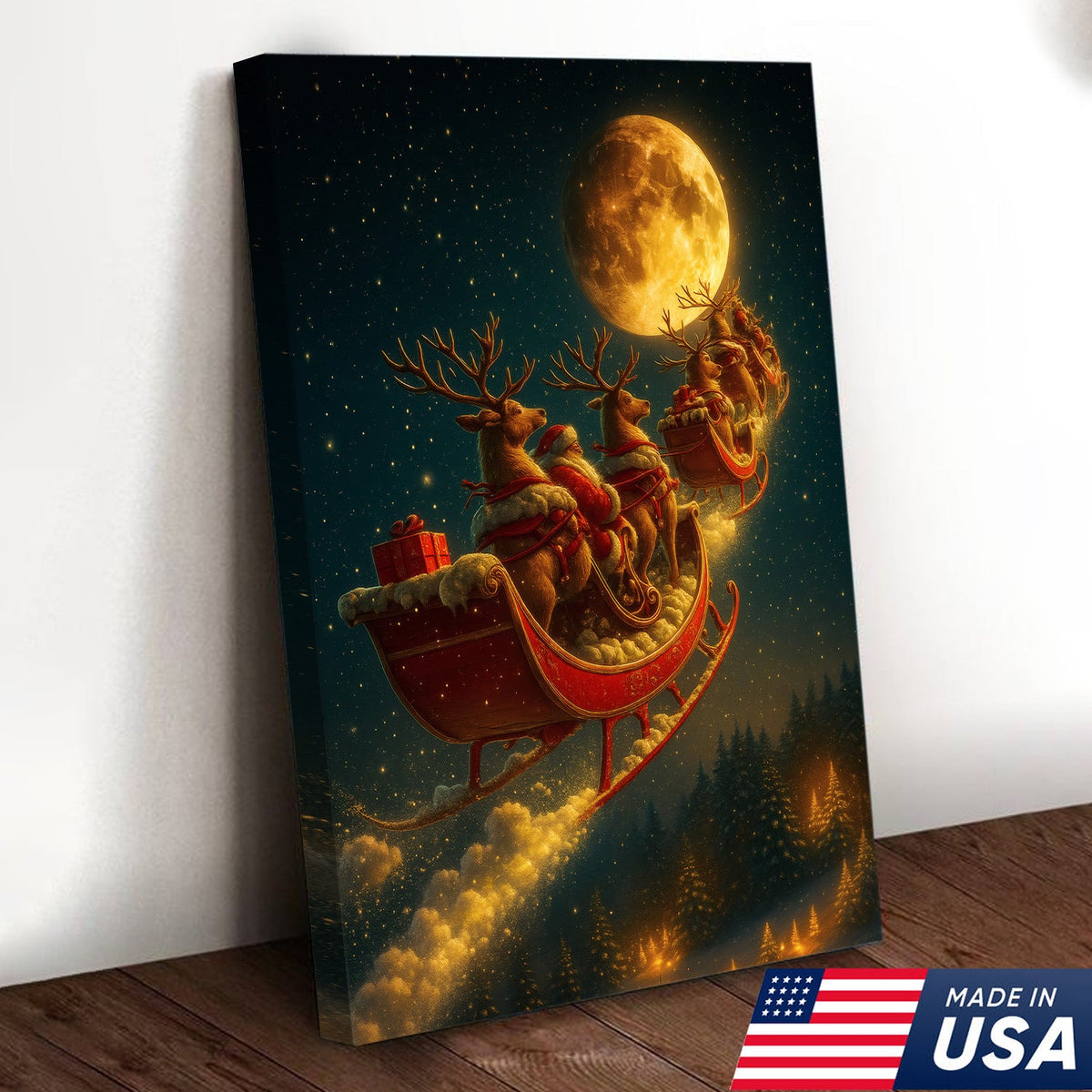Magical Santa Sleigh and Reindeer Canvas – Christmas Wall Art Gift for Hunters & Holiday Lovers