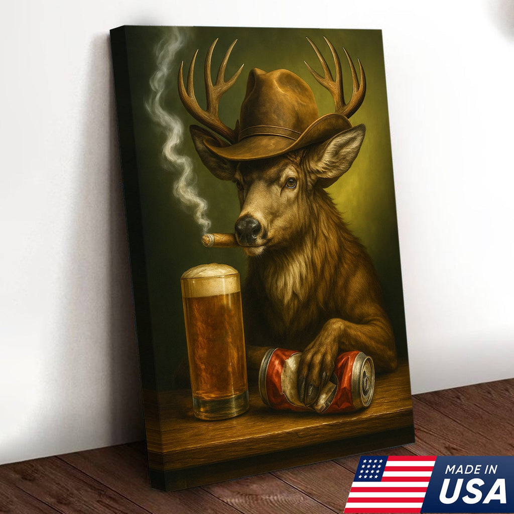 Funny Cowboy Buck Beer Canvas – Rustic Funny Wall Art Gift for Hunters, Bar Cabin & Man Cave Decor