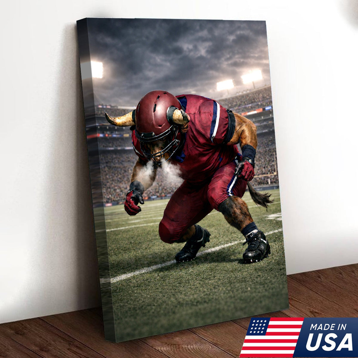 Fierce Bull Football Canvas Wall Art – Charging Horned Athlete Stadium Print