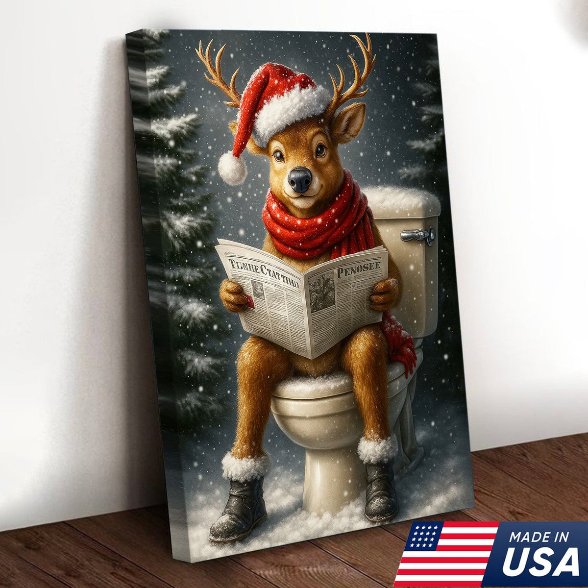 Funny Deer Christmas Canvas Wall Art – Holiday Bathroom Decor – Rustic Hunting Lodge Gift