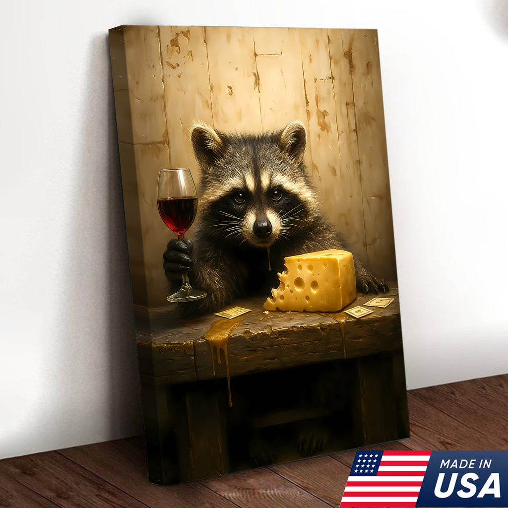 Raccoon with Wine and Cheese Canvas – Funny Bar Wall Art, Gentleman Gift for Men