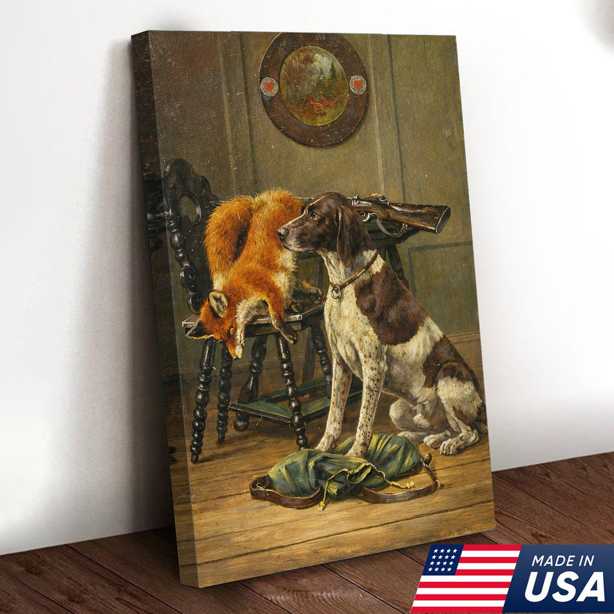 Vintage Hunting Dog and Fox Canvas Wall Art – Classic Sporting Rifle Still Life Print