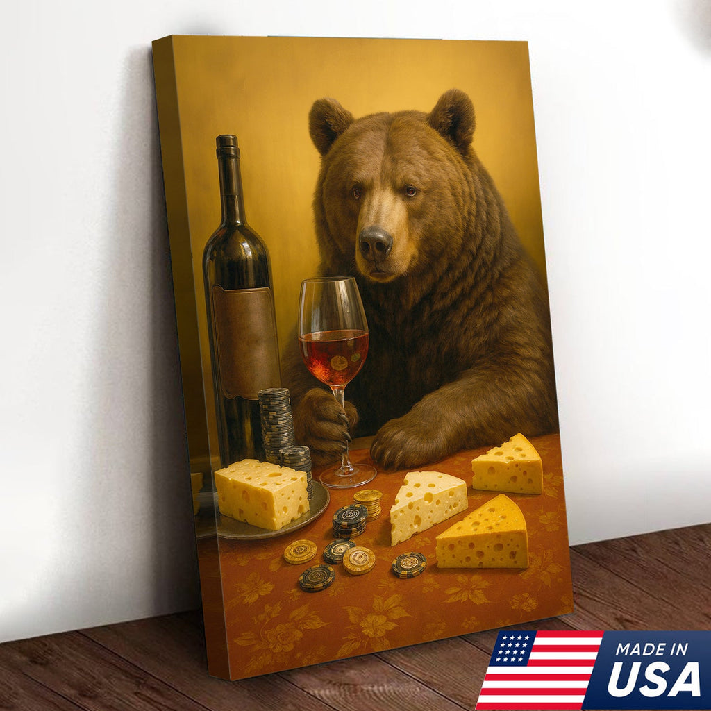 Funny Bear Wine & Cheese Wall Art Canvas - Poker Room Decor, Animal Painting for Home Bar