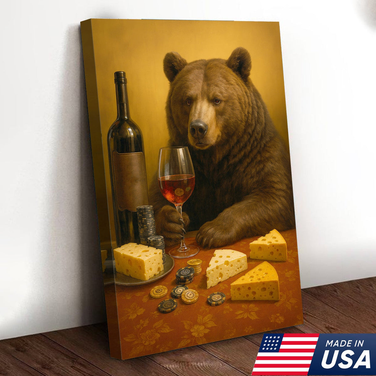 Funny Bear Wine & Cheese Wall Art Canvas - Poker Room Decor, Animal Painting for Home Bar