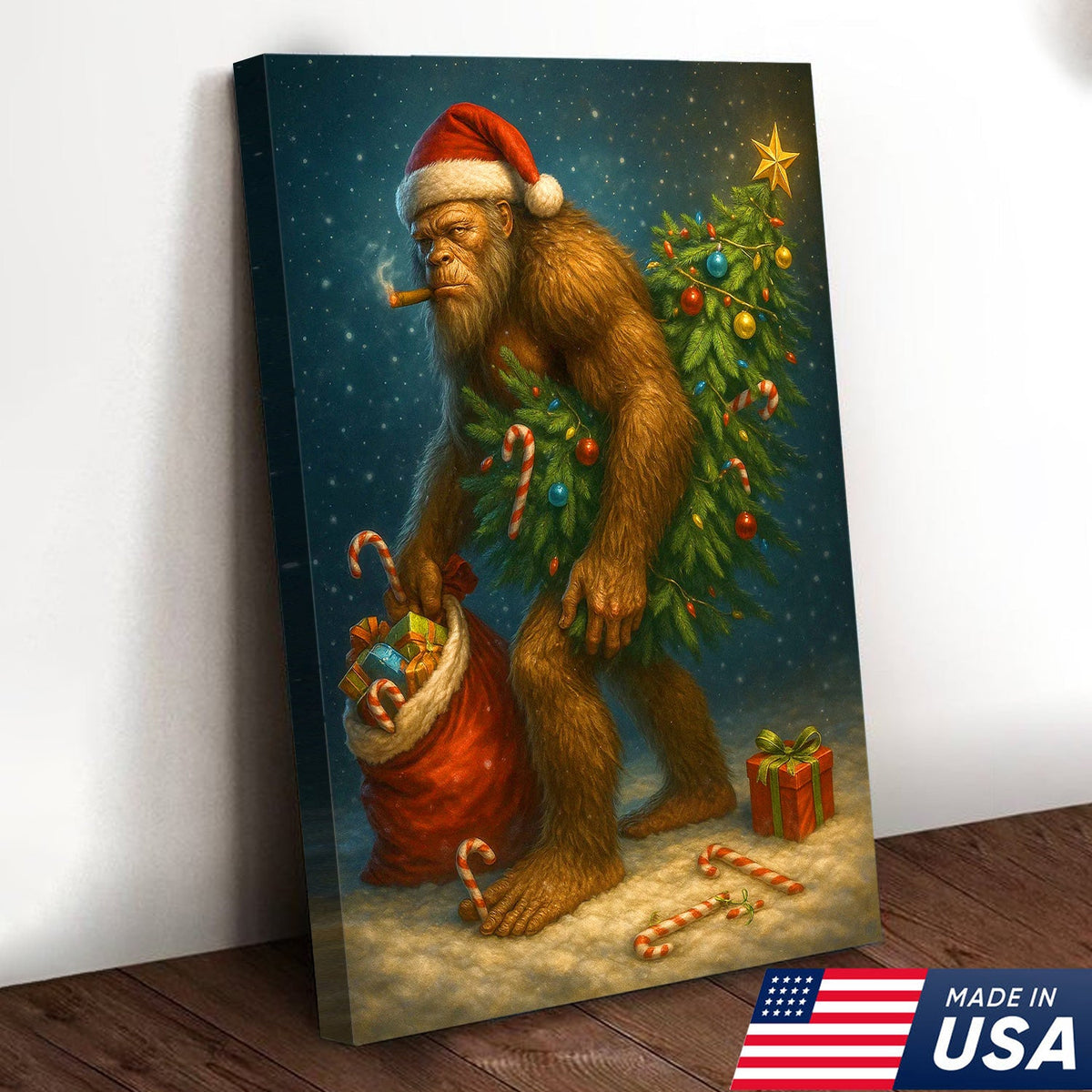 Funny Bigfoot Christmas Canvas Art, Sasquatch Holiday Wall Decor with Candy Canes