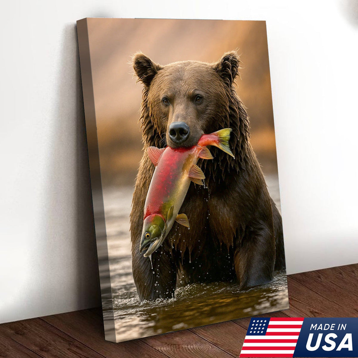 Bear Catching Salmon Canvas Wall Art, Wildlife River Cabin Decor, Nature Lover Gift