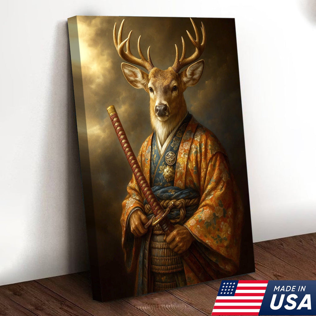 Deer Canvas Wall Art – Majestic Samurai Buck with Katana Warrior Rustic Lodge Decor