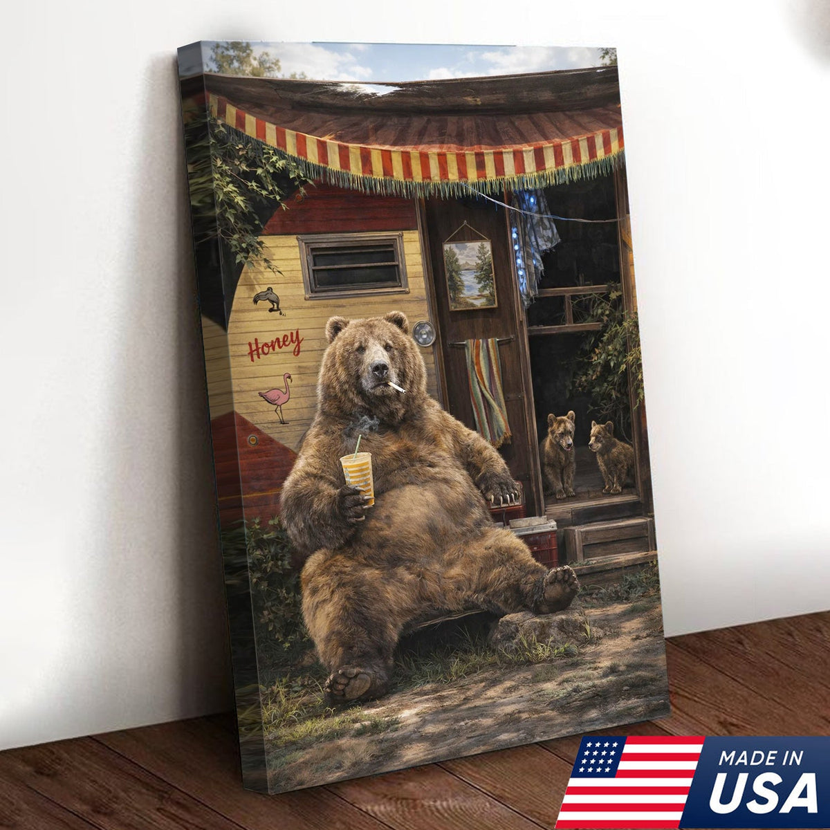 Funny Bear Camping Canvas, Rustic Cabin Wall Art, Wildlife Decor
