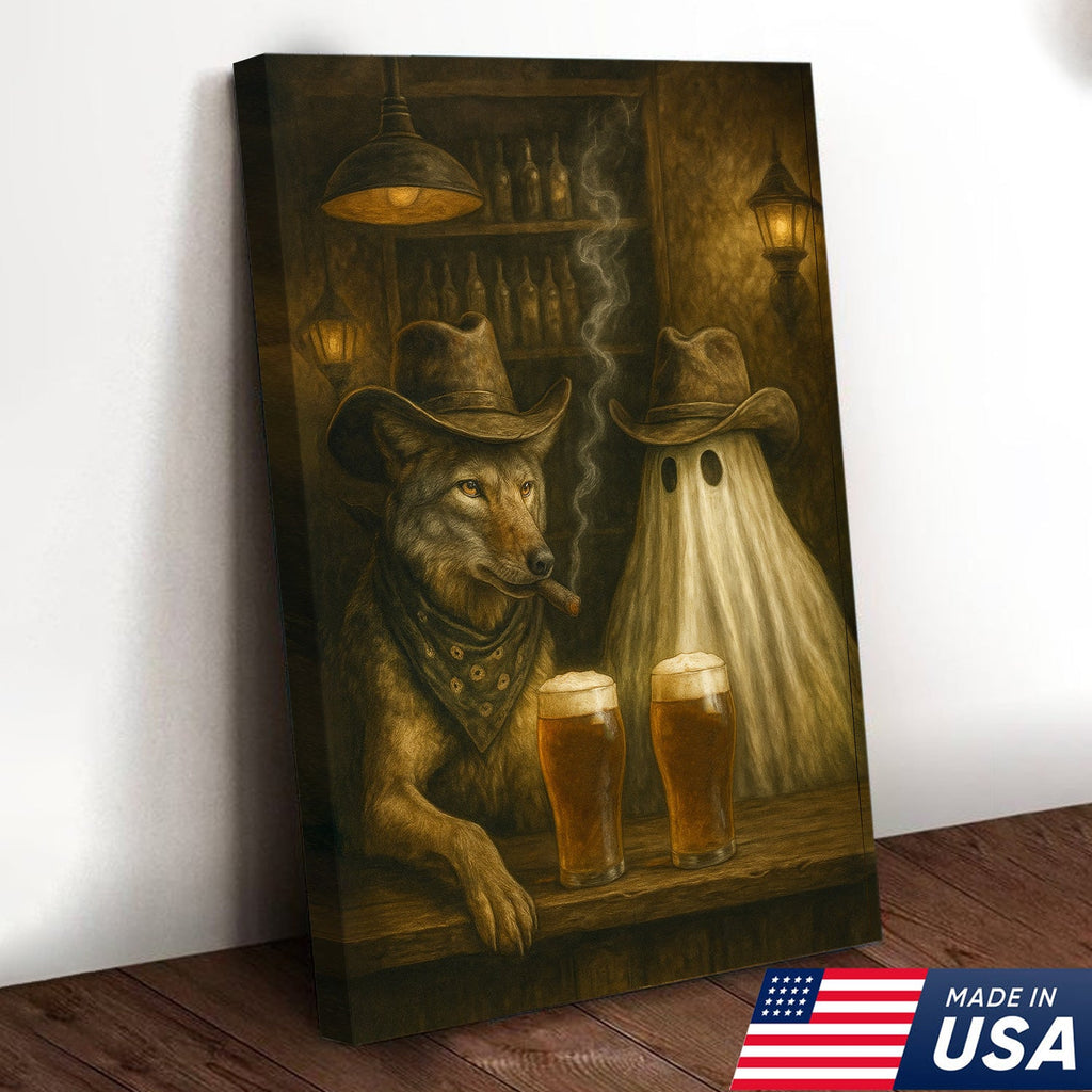 Cowboy Wolf & Ghost Canvas – Rustic Western Bar Wall Art for Halloween