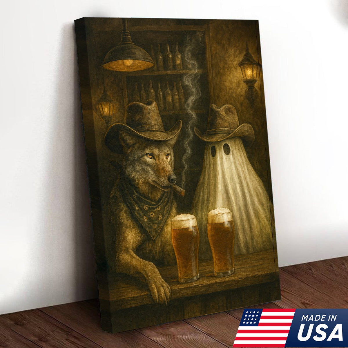 Cowboy Wolf & Ghost Canvas – Rustic Western Bar Wall Art for Halloween