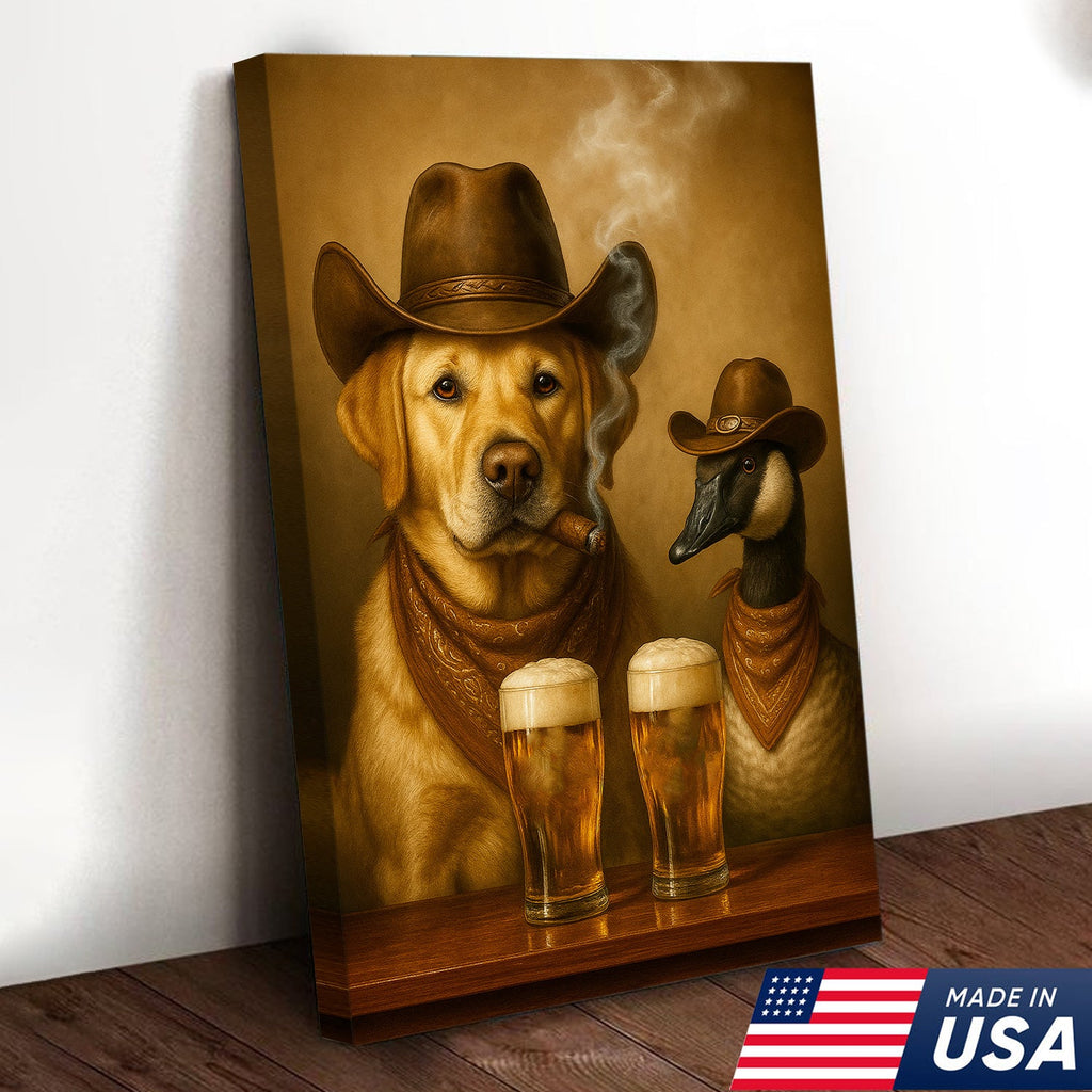 Funny Cowboy Dog & Goose Canvas Wall Art – Funny Beer & Smoking Western Decor for Hunters