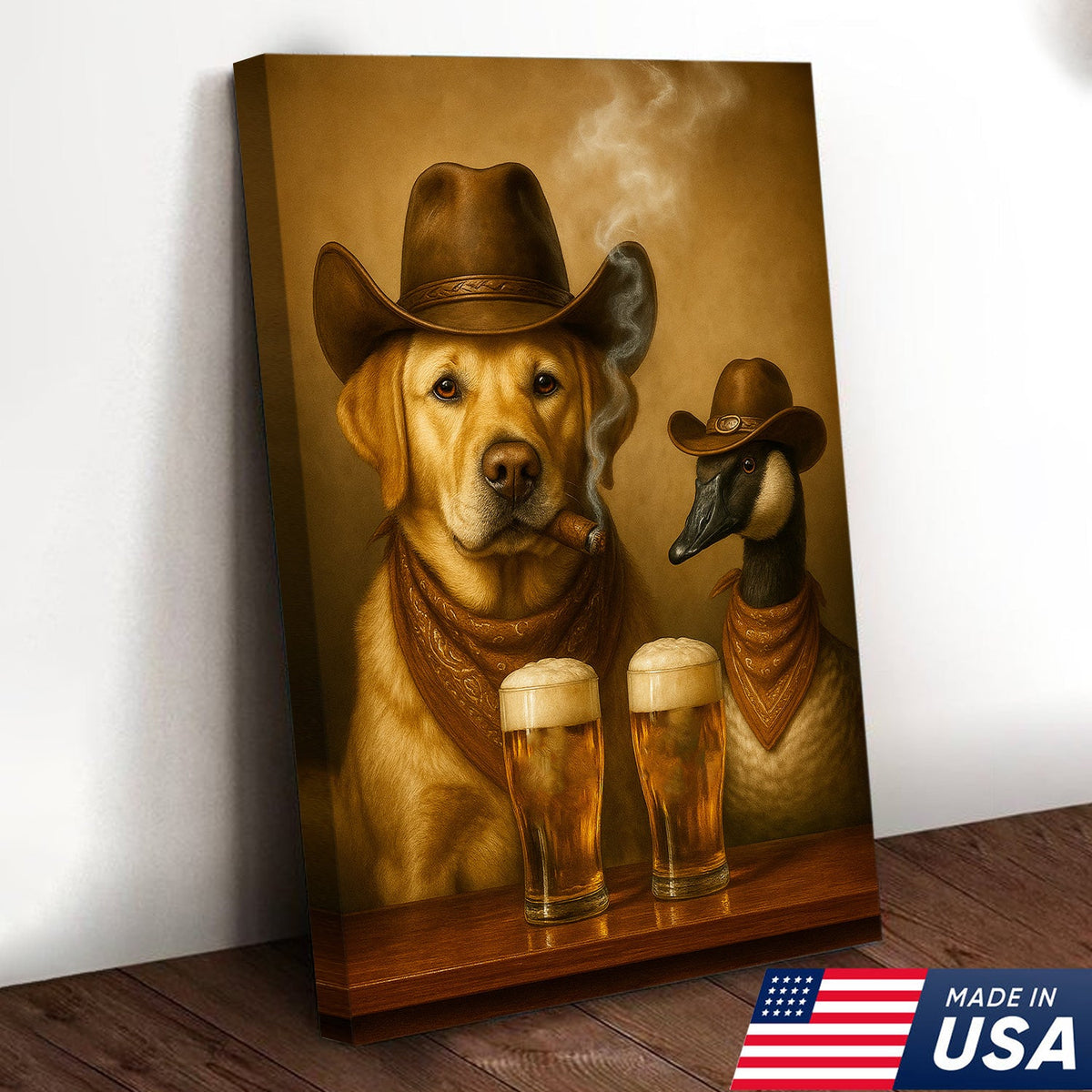 Funny Cowboy Dog & Goose Canvas Wall Art – Funny Beer & Smoking Western Decor for Hunters
