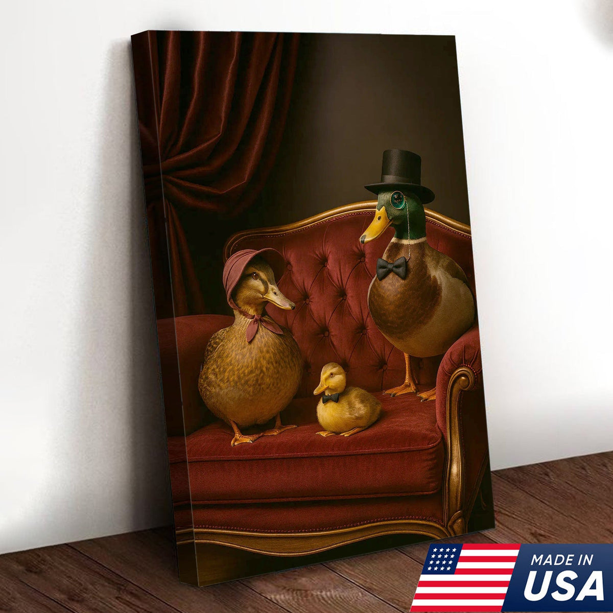 Victorian Duck Family Canvas Wall Art, Whimsical Anthropomorphic Birds Artwork