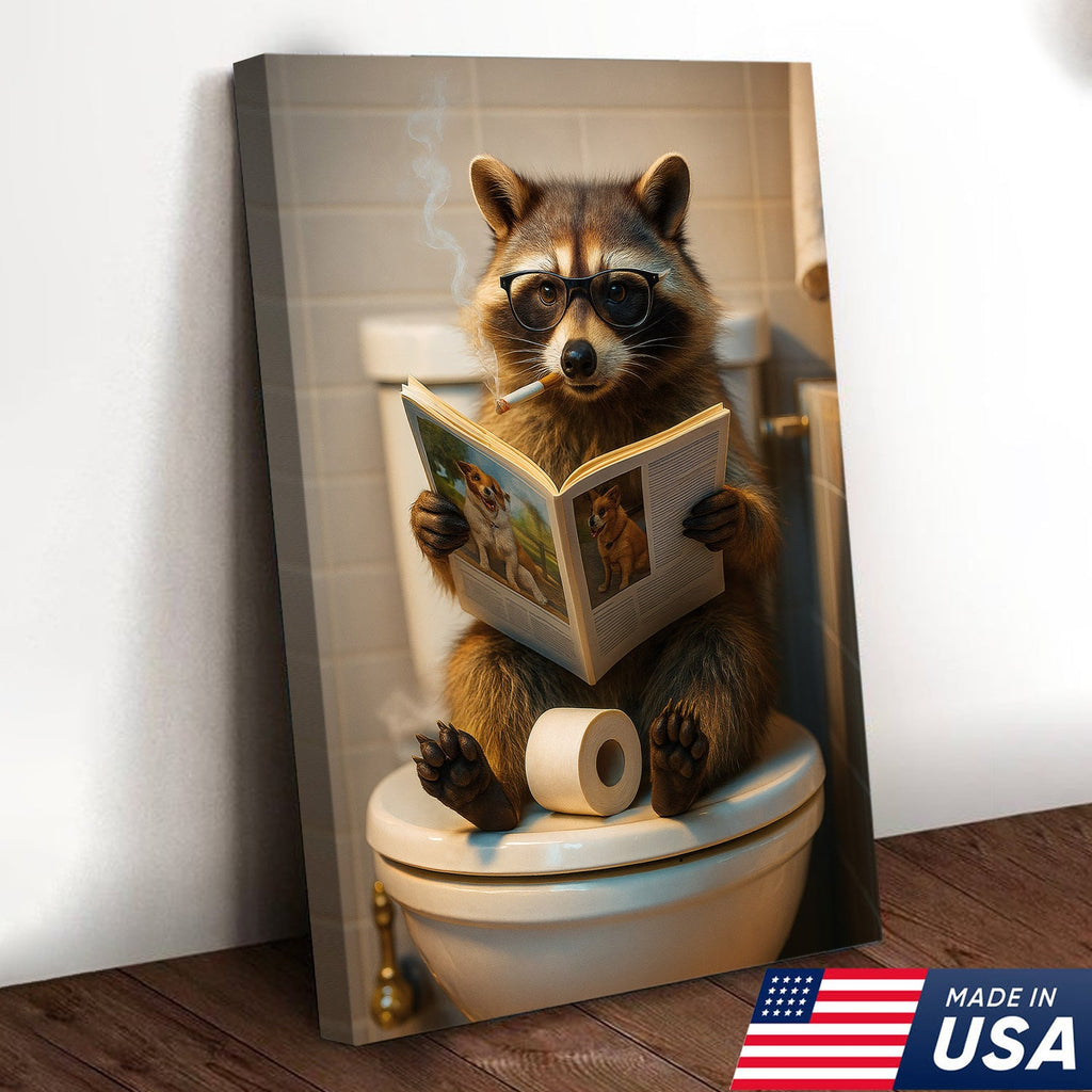 Funny Raccoon On Toilet Canvas – Smoking Raccoon Reading on Toilet, Bathroom Humor Wall Art