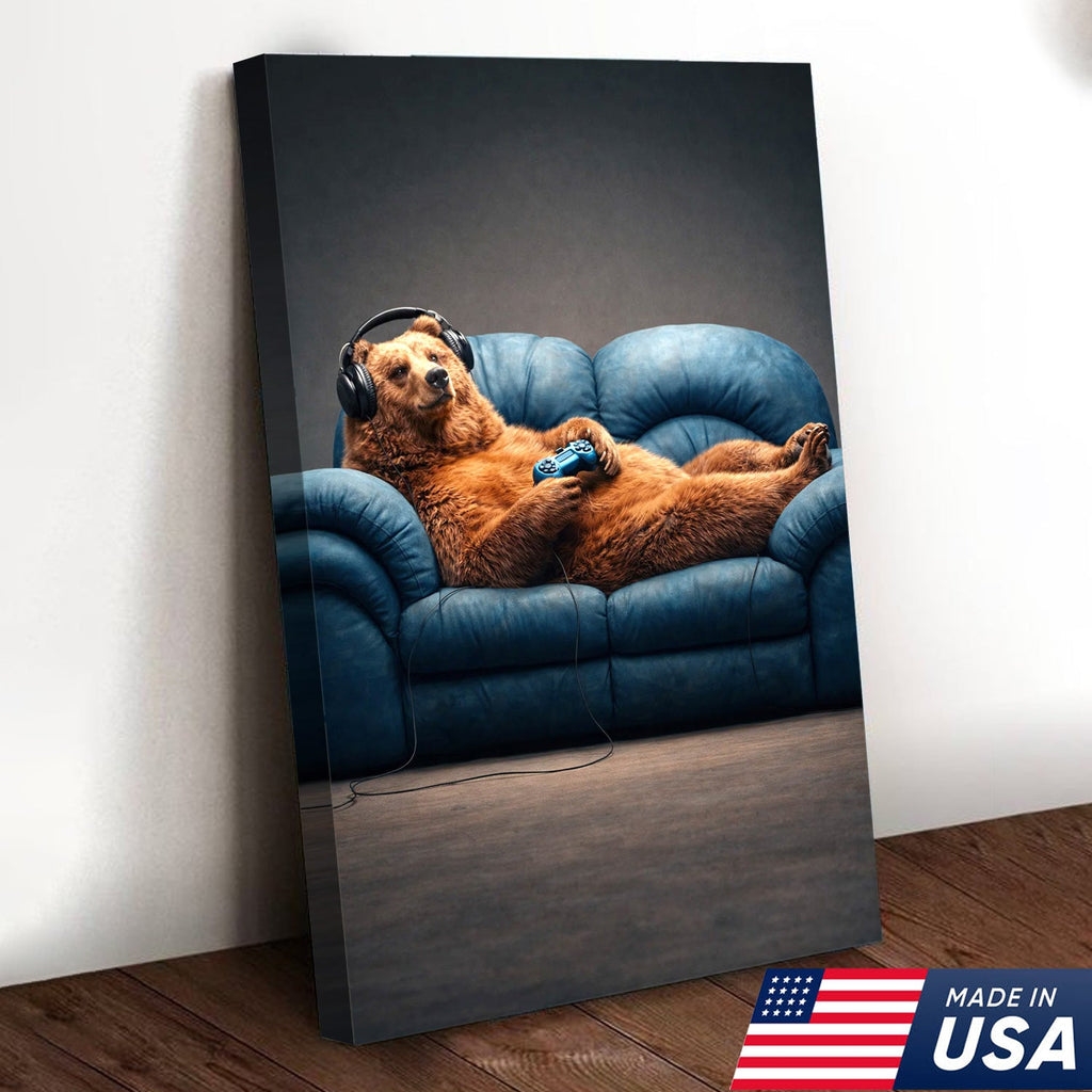 Funny Gamer Bear Wall Art Canvas Print, Relaxing Animal Gaming Illustration