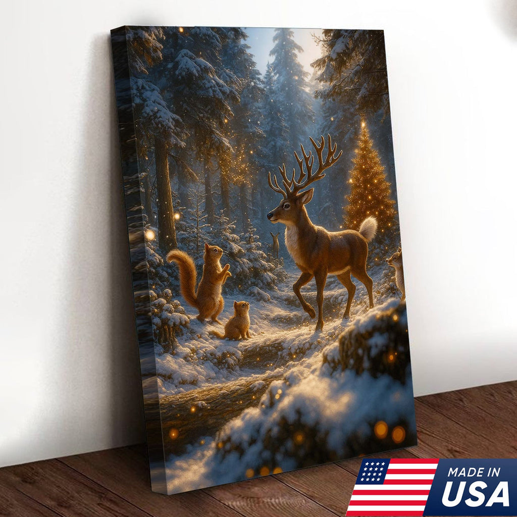 Christmas Deer Forest Wall Art Canvas – Magical Winter Woodland Print