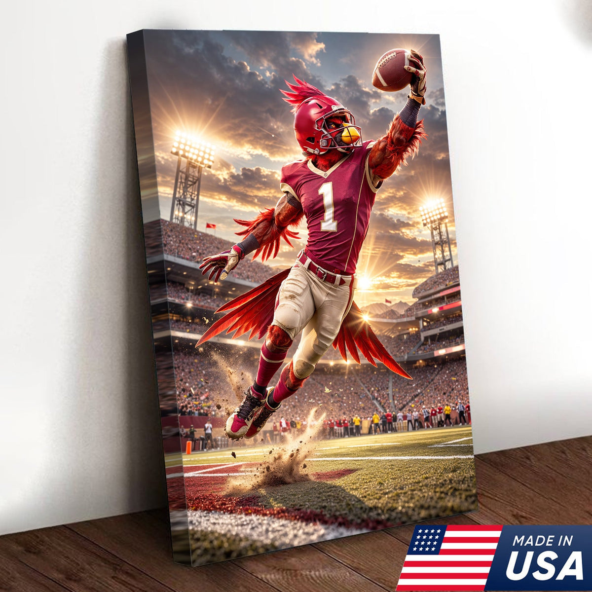 Red Cardinal Football Canvas Wall Art – Dynamic Touchdown Stadium Print