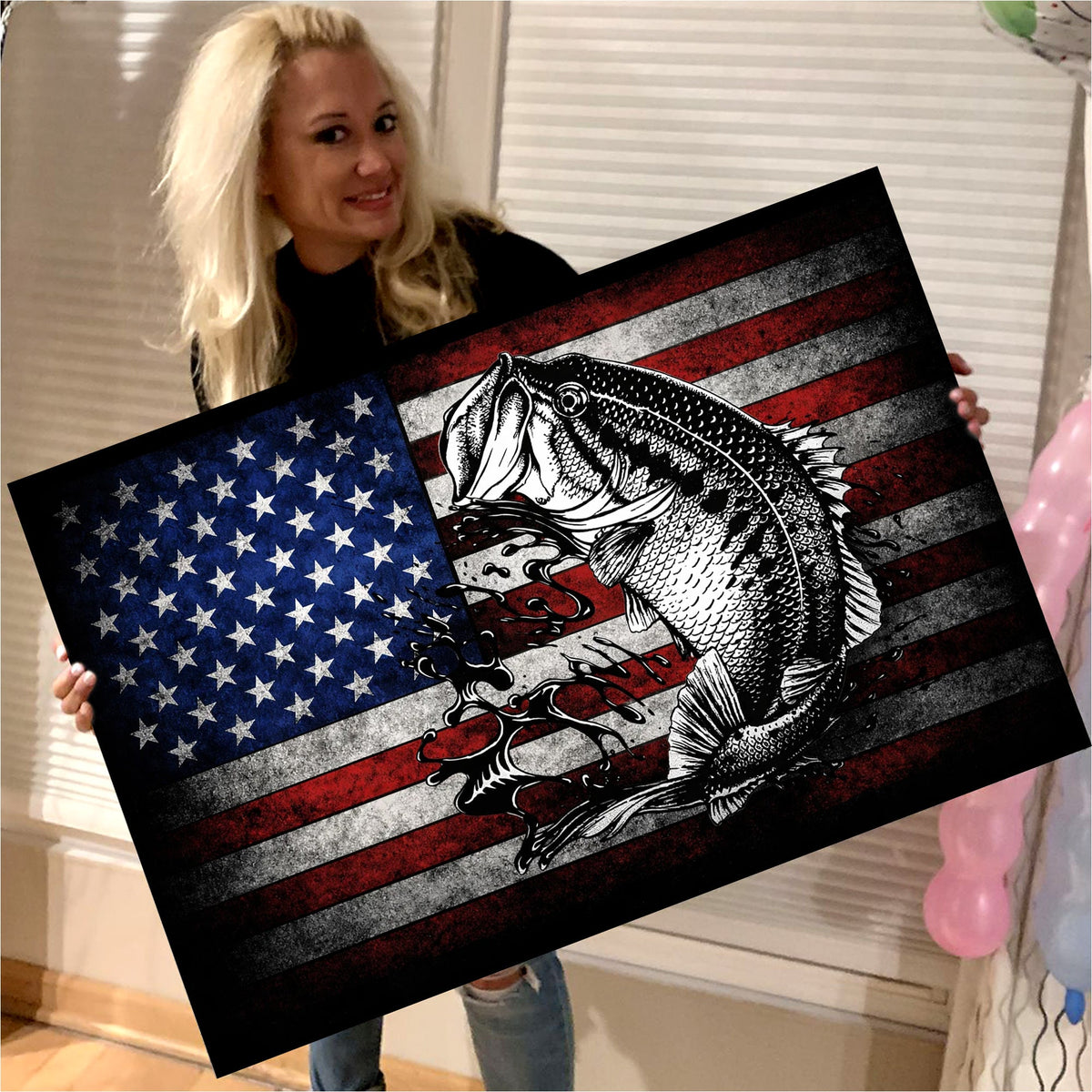 American Flag Bass Fishing Canvas Wall Art, Patriotic Fishing Fish Splash Artwork