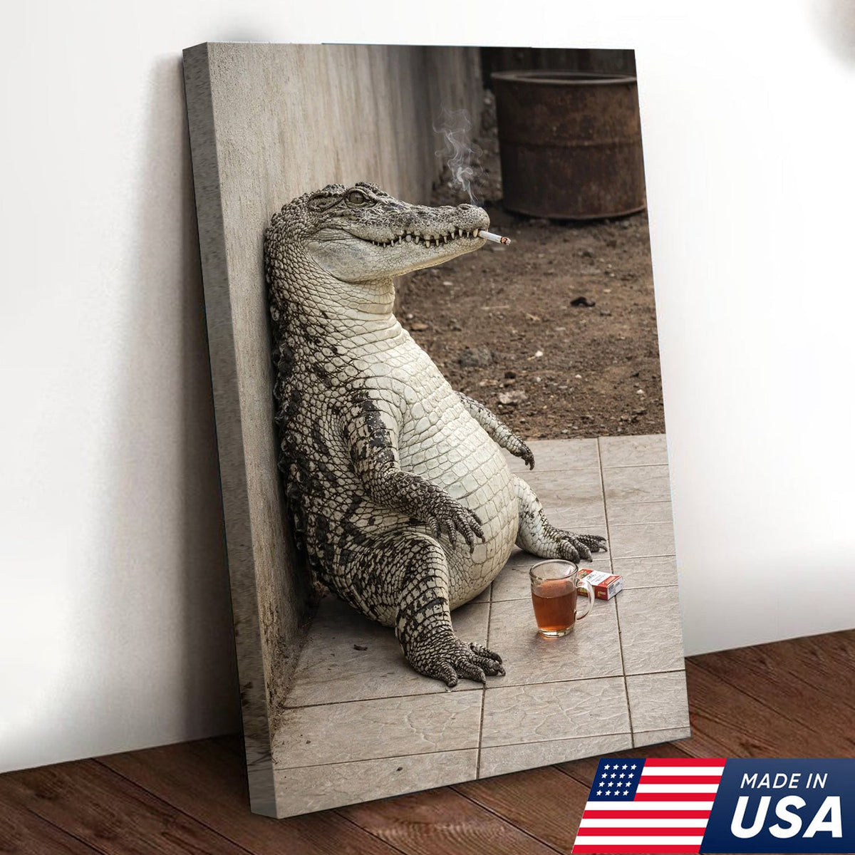 Funny Crocodile Smoking & Drinking Coffee Canvas Wall Art, Dark Humor Animal Illustration