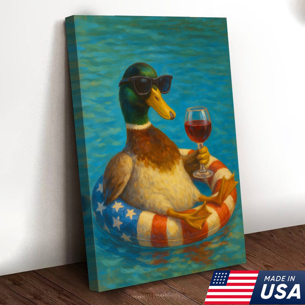 Cool Duck with Wine Canvas – Sunglasses, USA Flag Pool Float, Funny Summer Wall Art