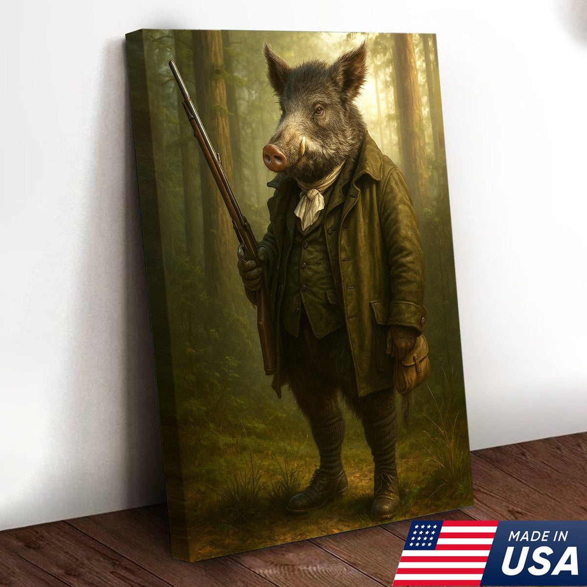 Funny Wild Boar Hunter Canvas Wall Art – Rustic Hunting Lodge Decor Gift for Hunters