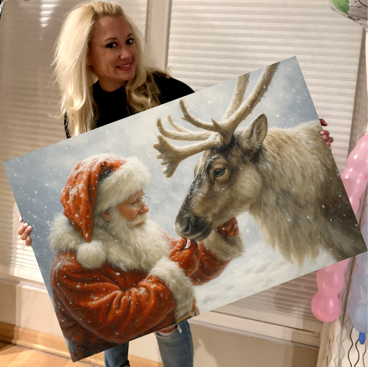 Santa with Reindeer Canvas Wall Art, Tender Snowy Christmas Scene Picture
