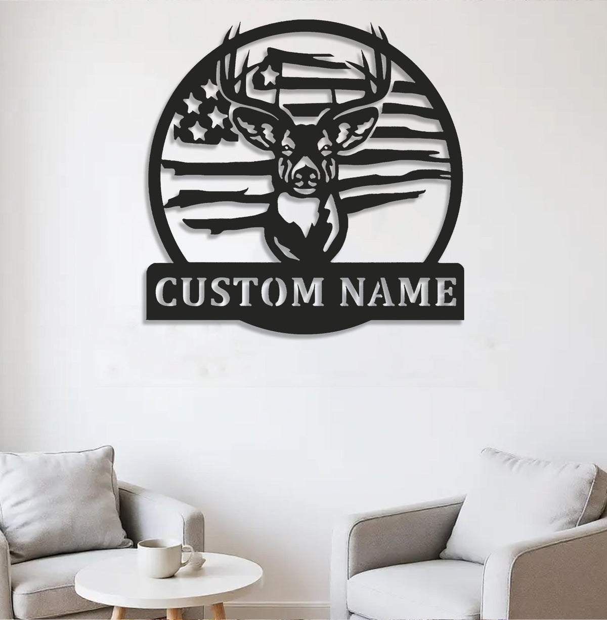 Custom Name American Flag Deer Hunting Metal Sign WITH LED/WITHOUT LED Light Rustic Lodge Wall Decor