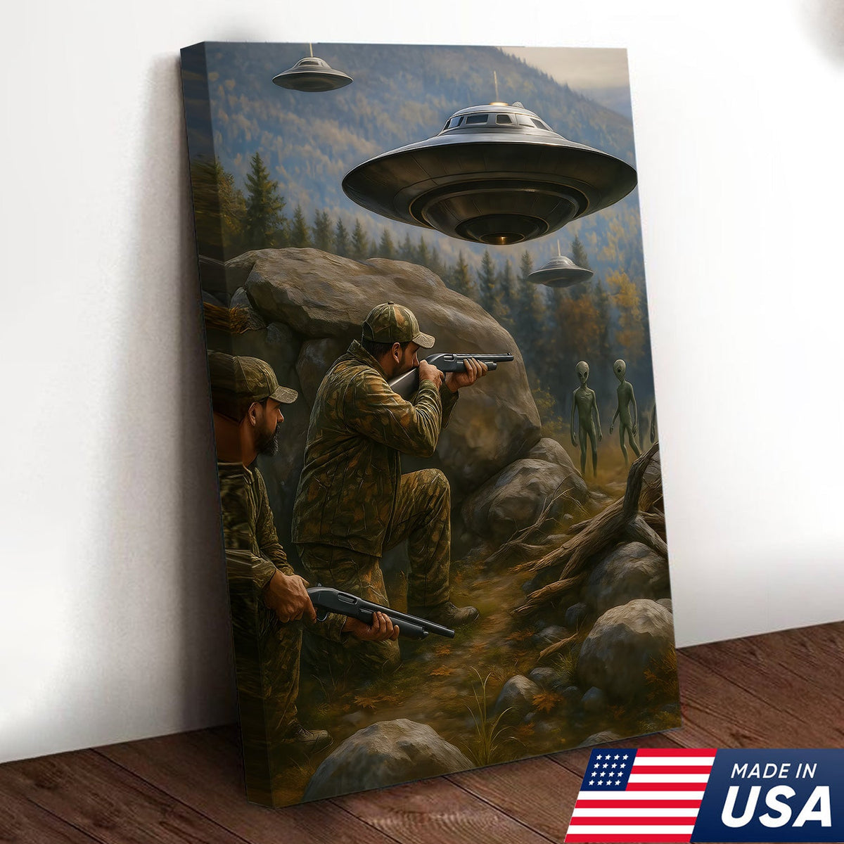 Alien Encounter Hunting Canvas Wall Art, Funny Hunters vs UFO Scene