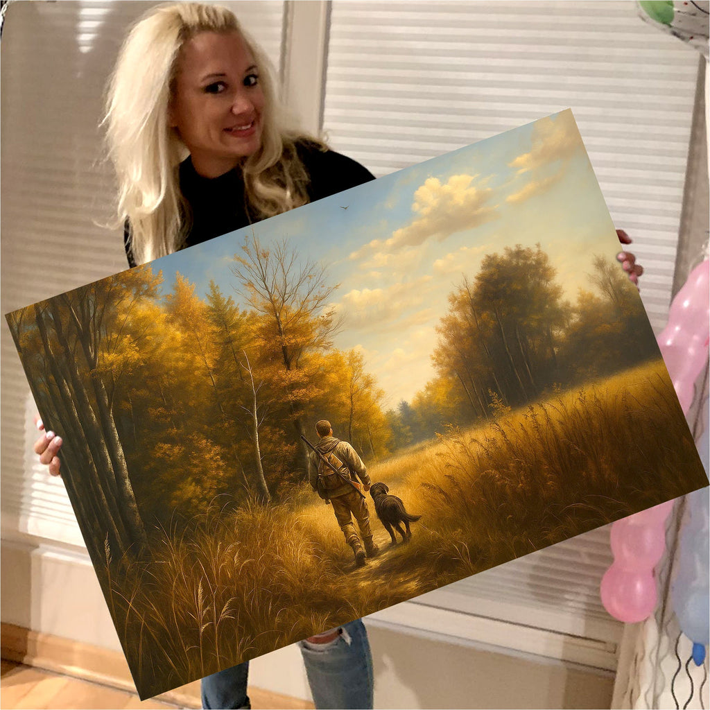 Hunting Canvas Wall Art – Hunter Walking with Dog in Autumn Forest – Rustic Wildlife Wall Decor