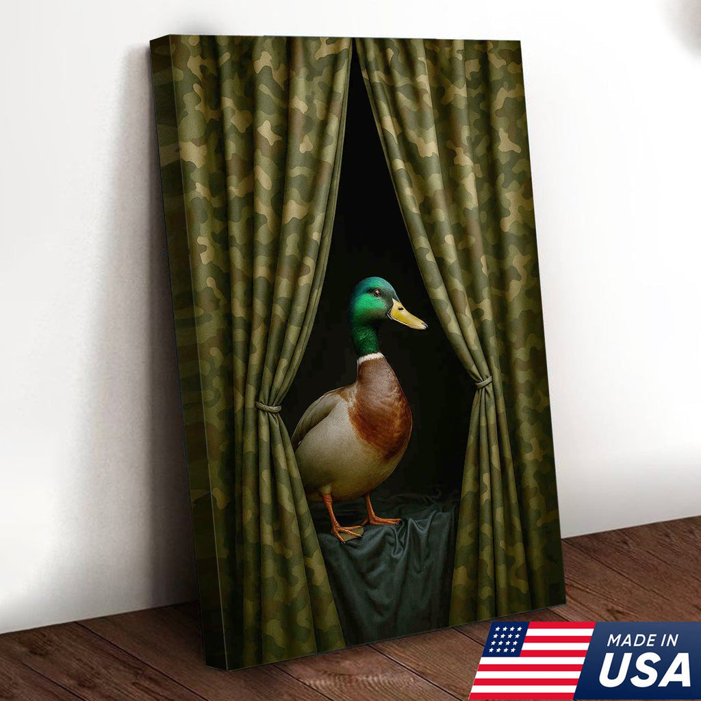 Duck Behind Camo Curtain Canvas Wall Art, Funny Hunting Lodge Decor, Rustic Wildlife Artwork