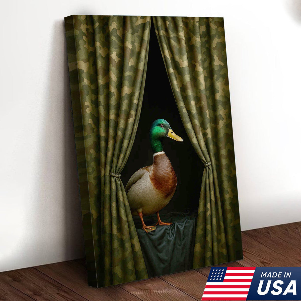 Duck Behind Camo Curtain Canvas Wall Art, Funny Hunting Lodge Decor, Rustic Wildlife Artwork