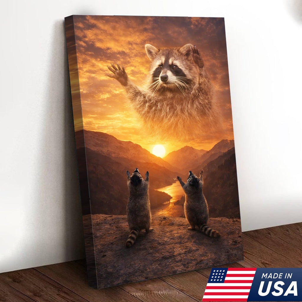 Funny Raccoon God Sunset Canvas Wall Art, Raccoon Worship Mountain Landscape