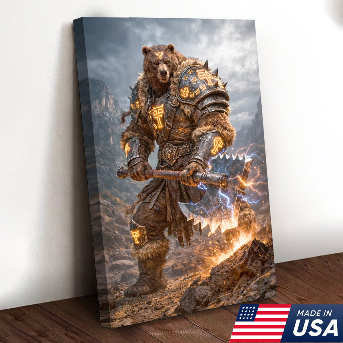 Thunder Rune Bear Canvas Wall Art – Epic Fantasy Warrior with Lightning Axe