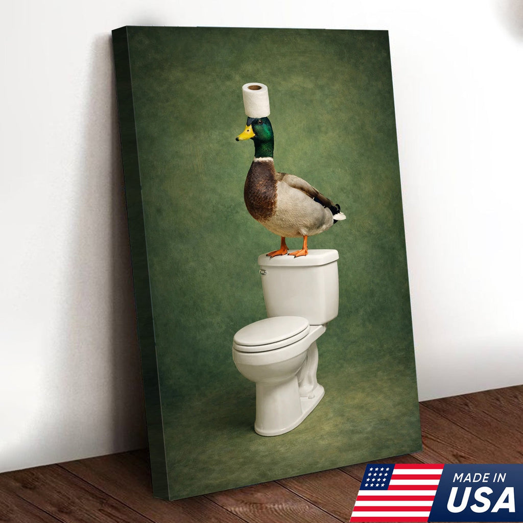 Funny Duck Bathroom Wall Art, Duck on Toilet Bathroom Canvas
