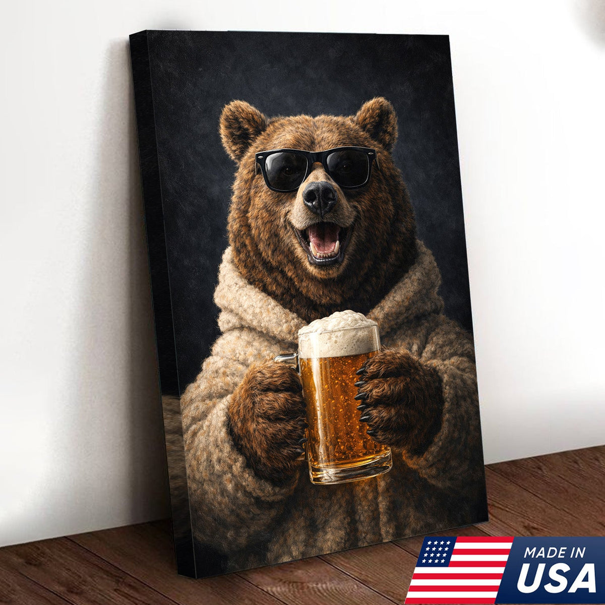 Funny Beer Bear Canvas Print Gift for Him Dad Husband Man Cave Decor