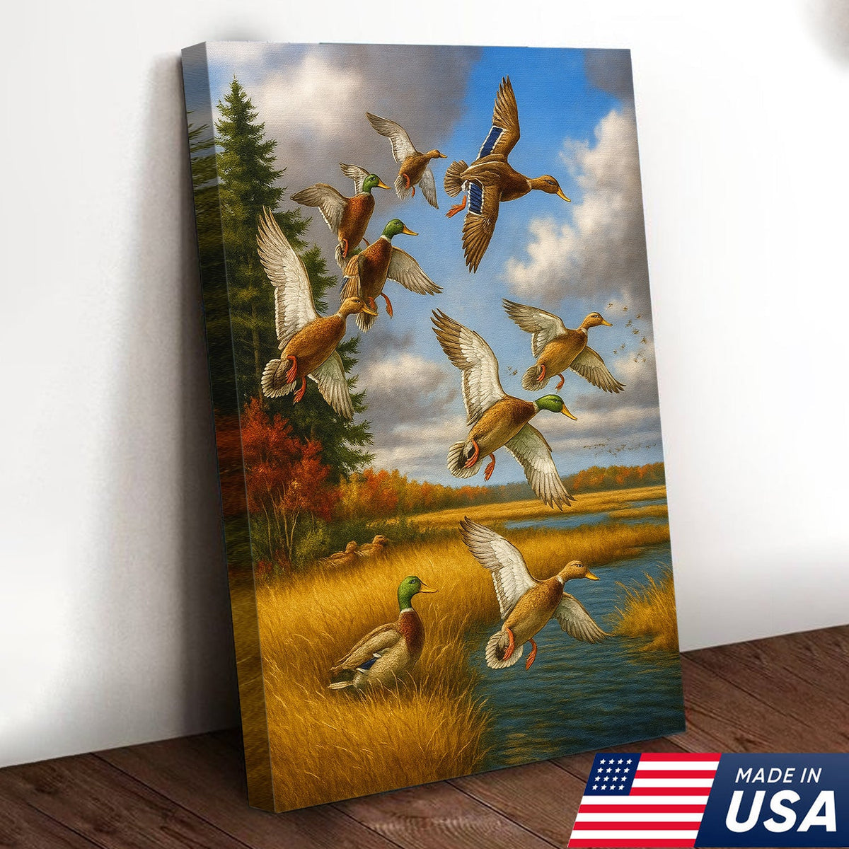 Mallard Ducks Flying Wall Art Canvas – Vintage Waterfowl Hunting Scene Canvas for Outdoorsmen