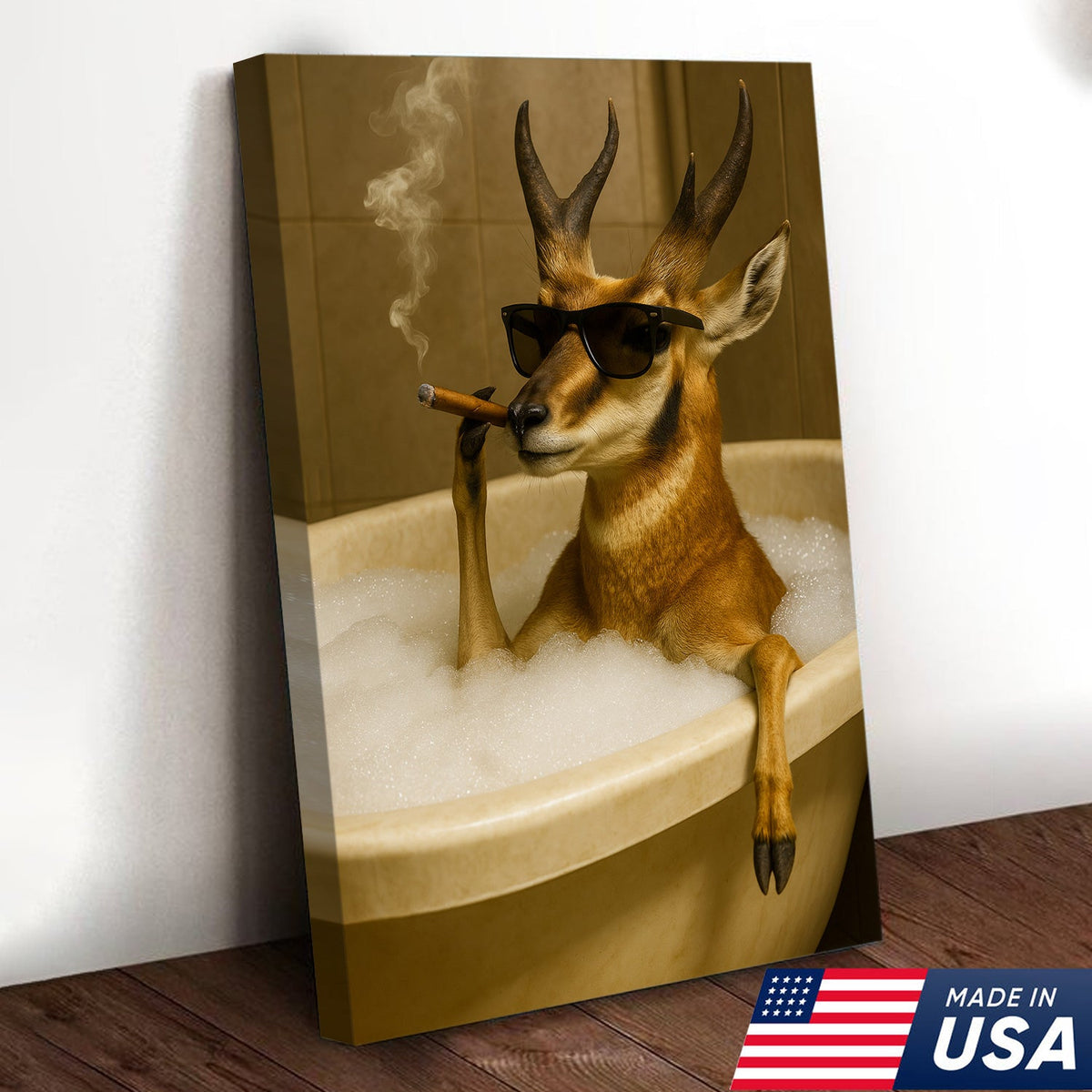 Funny Pronghorn Antelope Smoking Canvas Wall Art – Cool Bathtub & Cigar Gift for Hunters