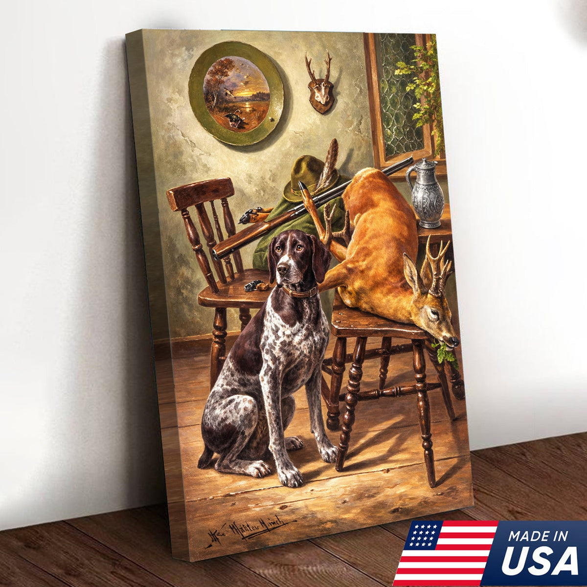 Vintage Hunting Dog and Deer Canvas Wall Art – Classic Sporting Cabin Scene Print with Rifle