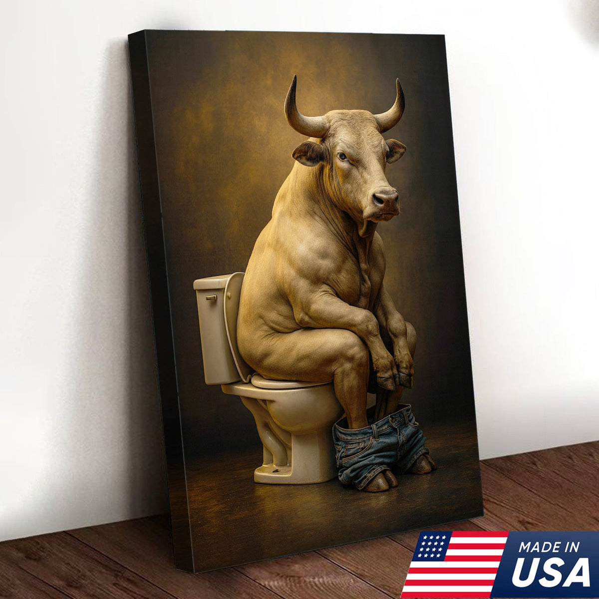 Funny Bull on Toilet Wall Art Canvas – Hilarious Farmhouse Bathroom Decor for Men & Guests