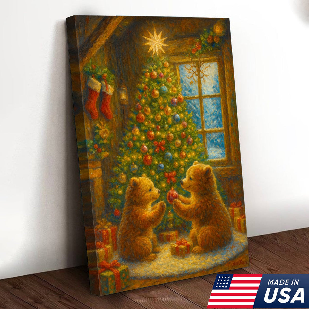 Christmas Bear Cubs Wall Art Canvas — Cozy Holiday Tree Scene, Cute Winter Animal Wall Decor