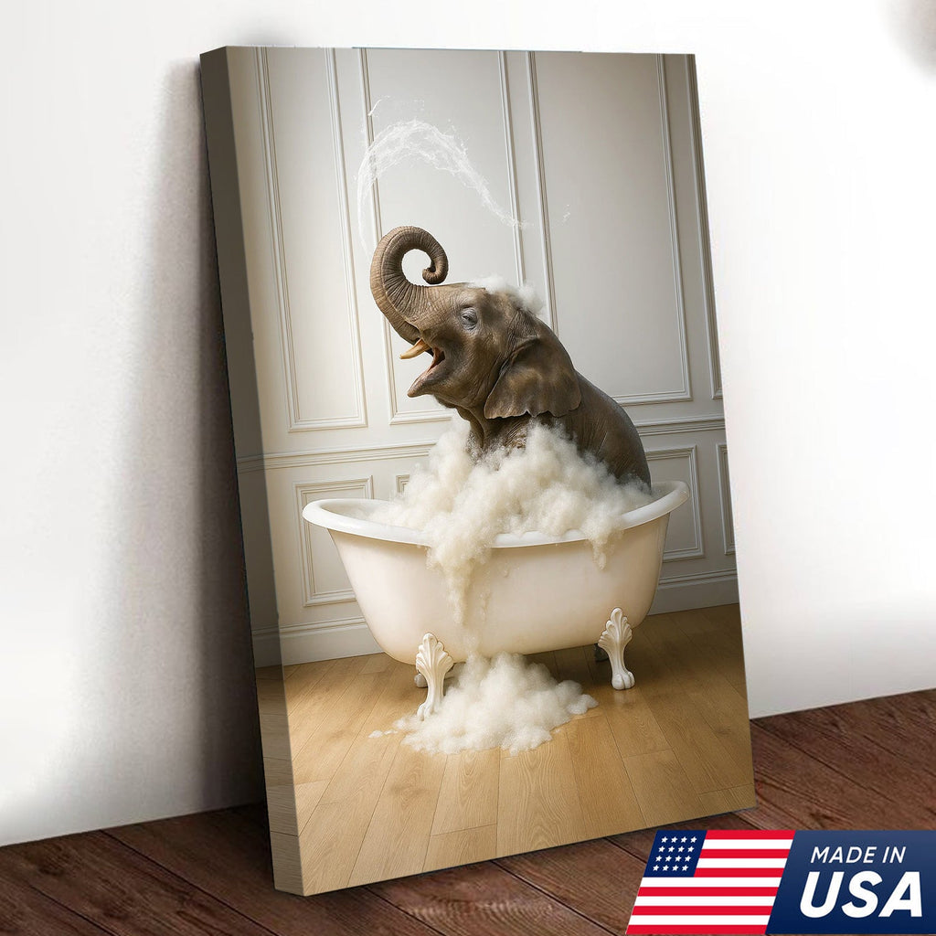 Elephant Bubble Bath Bathroom Wall Art Canvas, Funny Animal in Bathtub Bathroom Decor