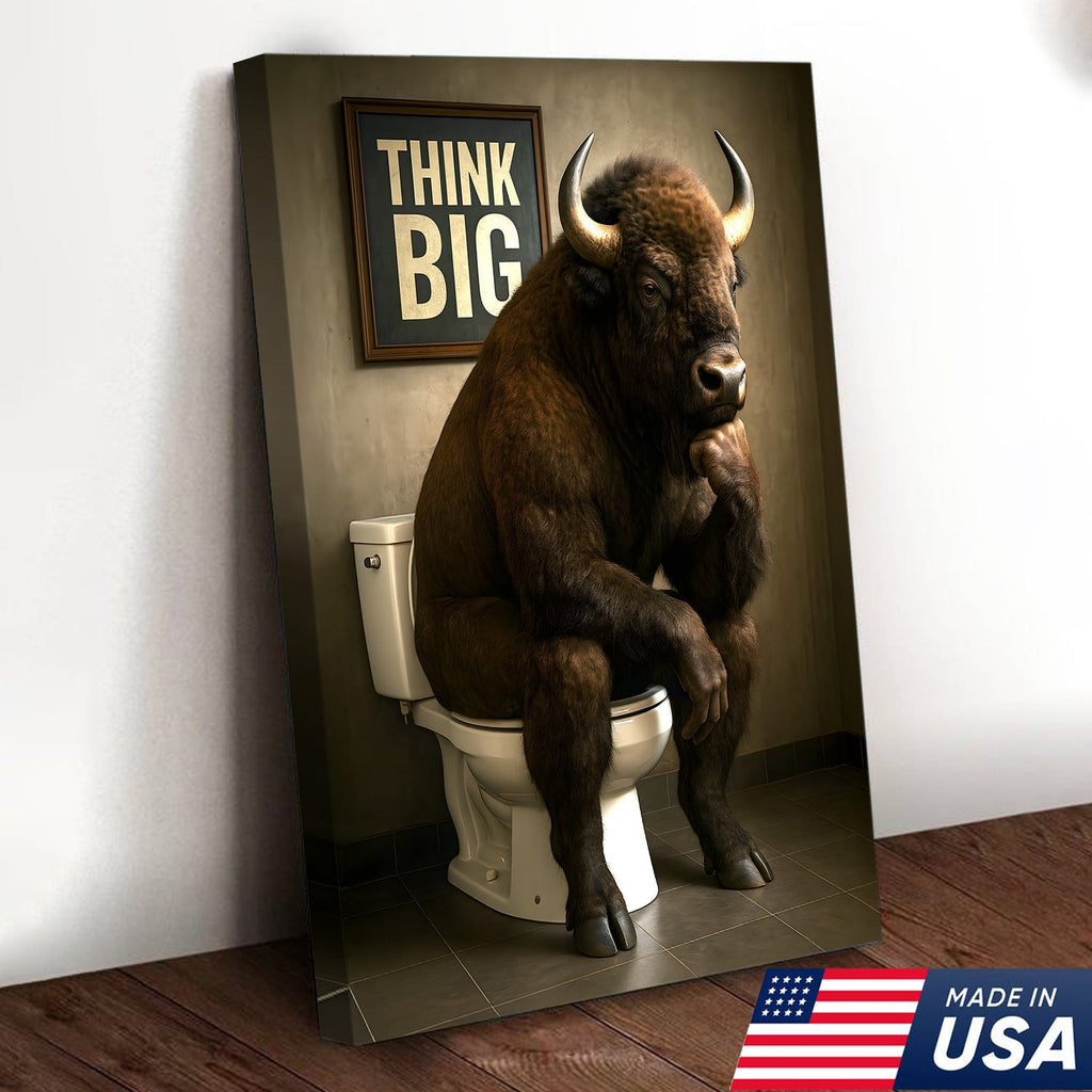 Funny Buffalo Bathroom Wall Art – Think Big Bison Canvas, Rustic Farmhouse Animal Decor
