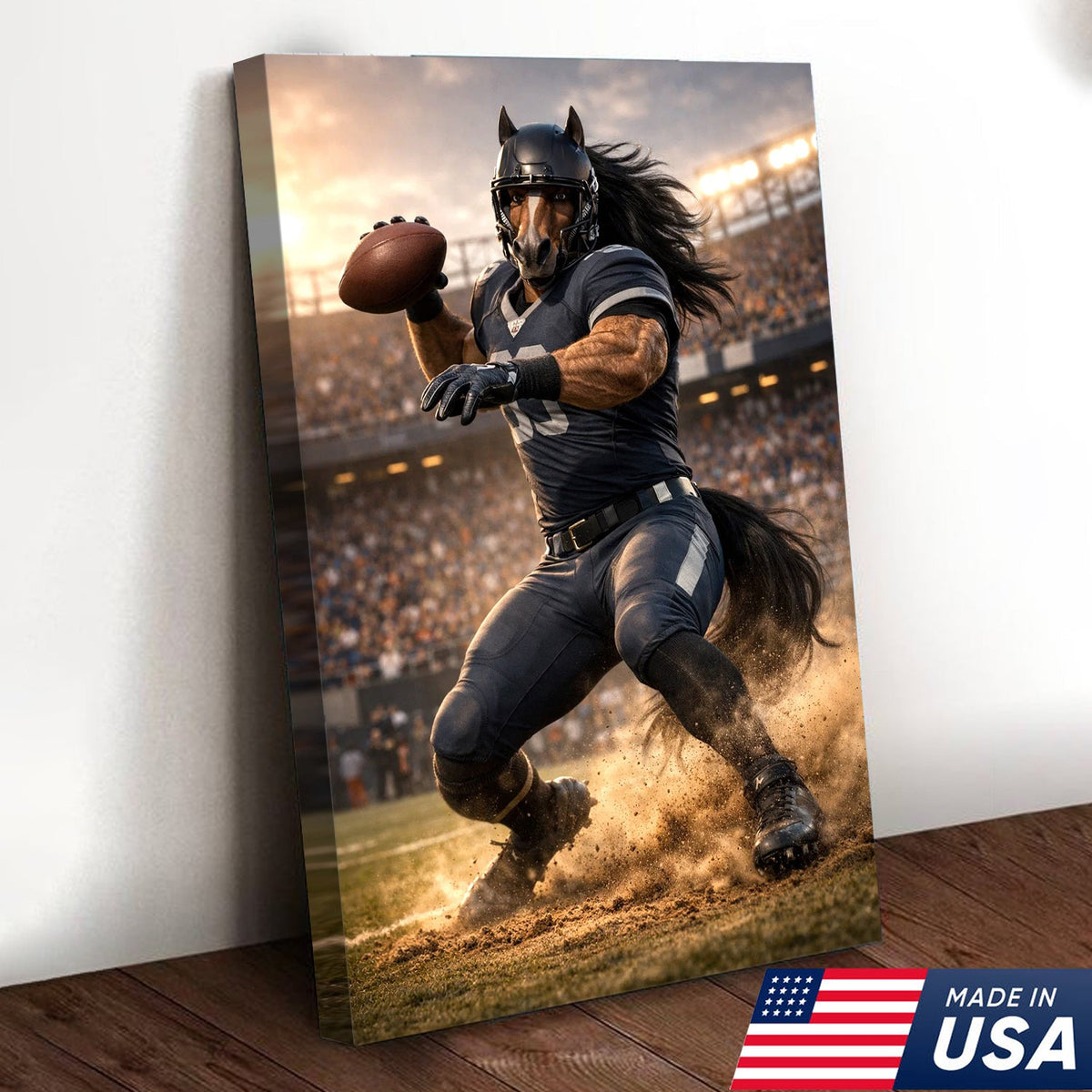 Dark Stallion Football Canvas Wall Art – Powerful Horse Athlete Stadium Action Print
