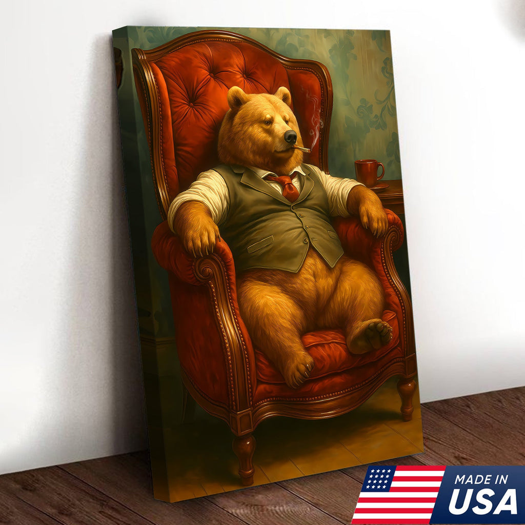 Gentleman Bear Sitting in Chair Canvas Art – Funny Gift for Men Who Love Class & Chill Vibes