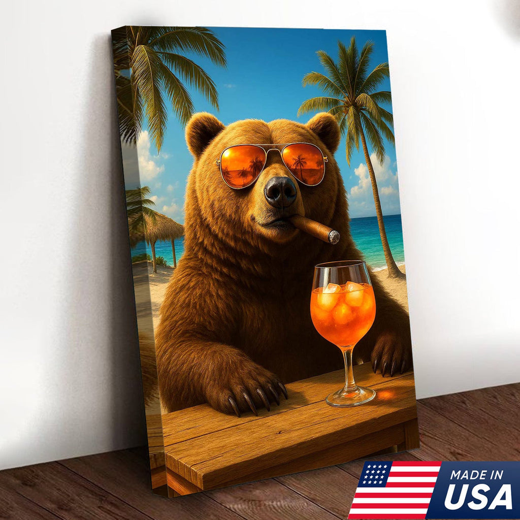 Beach Bear Wall Art Canvas, Cool Sunglasses Bear Tropical Vacation Decor