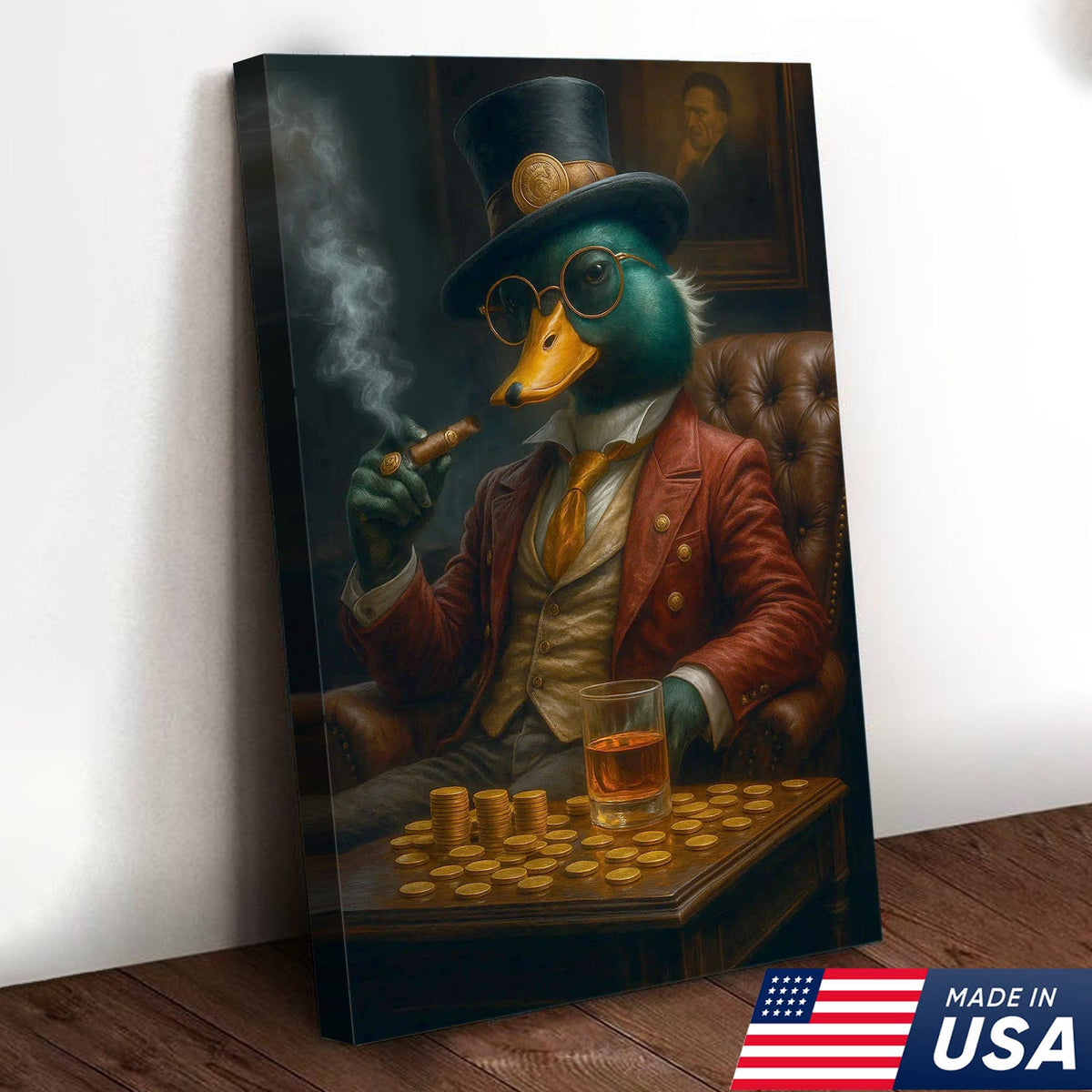 Rich Duck Boss Canvas Wall Art, Fancy Dapper Duck in Suit with Gold Coins