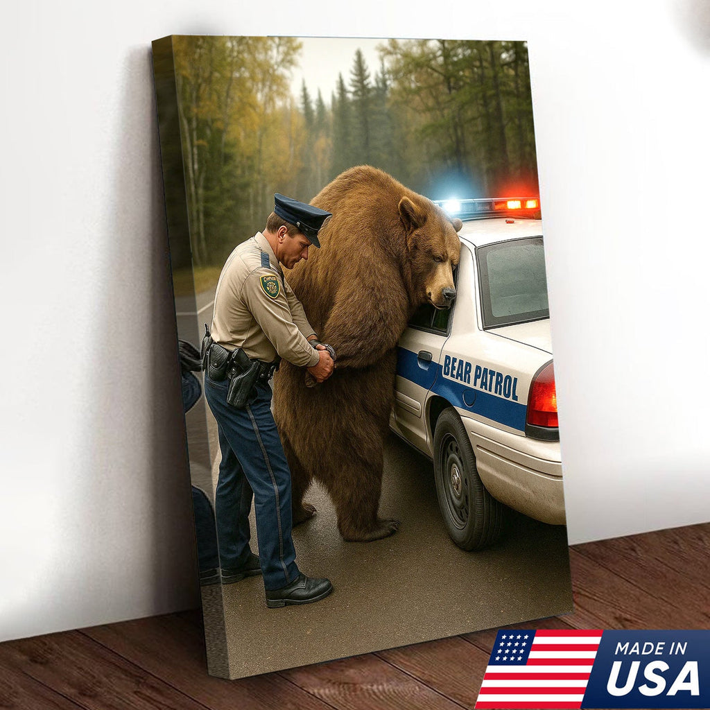 Funny Bear Patrol Canvas Wall Art, Humorous Wildlife Police Artwork, Rustic Cabin Decor