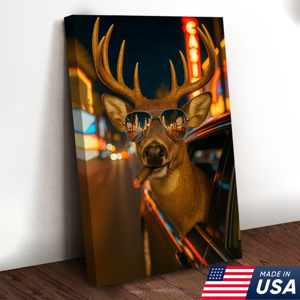 Cool Deer Canvas Wall Art - Funny Rustic Lodge Decor with Sunglasses and Night City Vibes