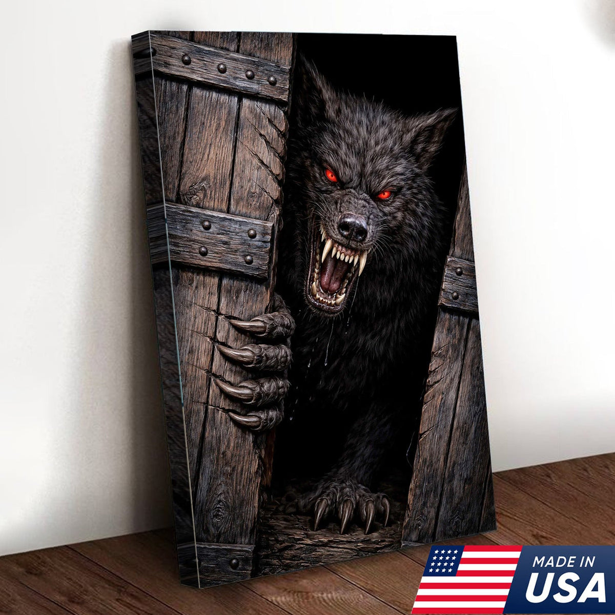 Angry Red Eyes Werewolf Canvas Wall Art, Dark Horror Wolf Monster Illustration