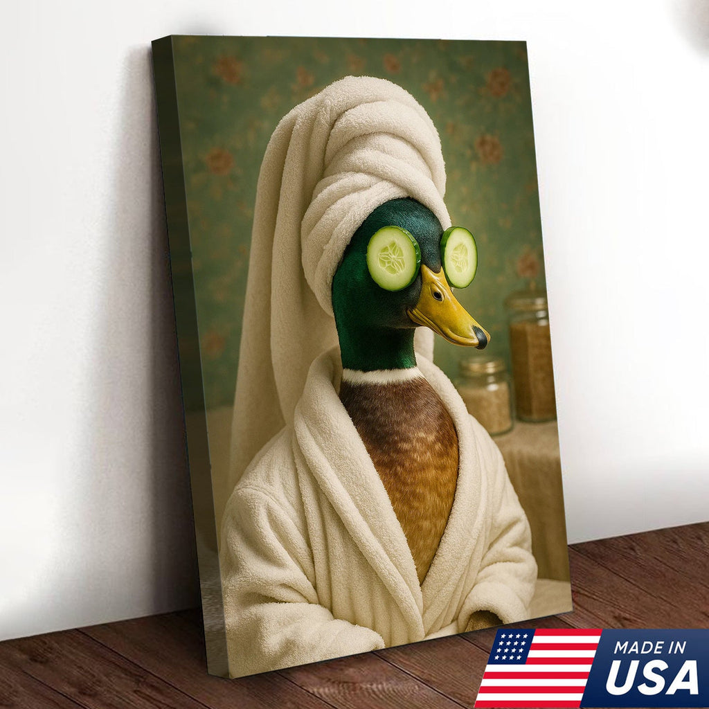 Spa Day Duck Canvas Wall Art, Funny Bathroom Spa Decor, Mallard in Robe with Cucumber Eyes